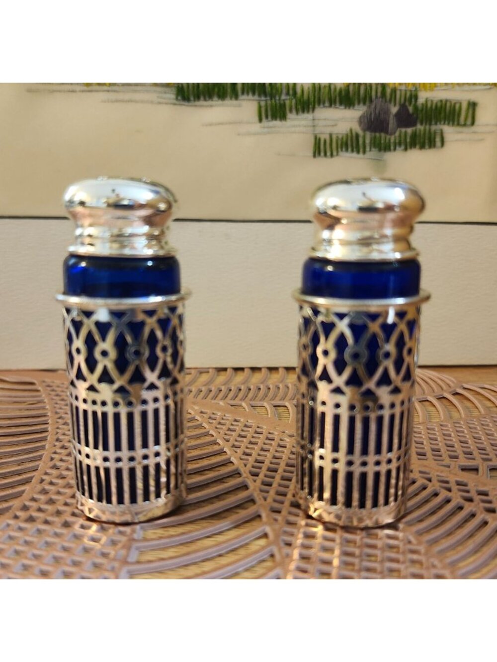 Cobalt Blue Glass Salt & Pepper Shakers Metal Decorative Encasement NWOT